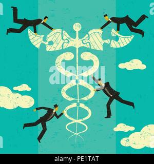 Healthcare Solutions. A group of men putting the puzzle pieces together to find solutions for healthcare. Stock Vector