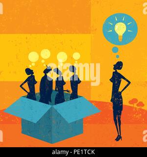 Thinking outside the box. Business people thinking in the box and one independent thinker coming up with an idea outside of the box. Stock Vector