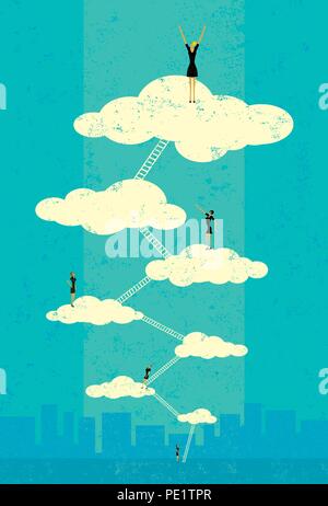 Seventh Heaven. Successful businesswomen climbing the corporate ladder to seventh heaven. Stock Vector