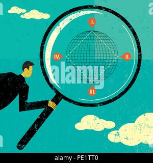 Searching the Four Corners of the Earth. A businessman looking through a magnifying glass searches the four corners of the Earth. Stock Vector