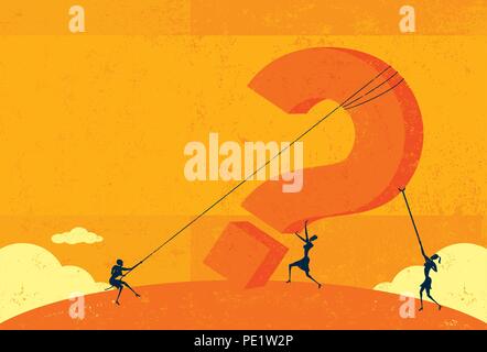 Raising a Question. Businesswomen raising a big question mark. Stock Vector