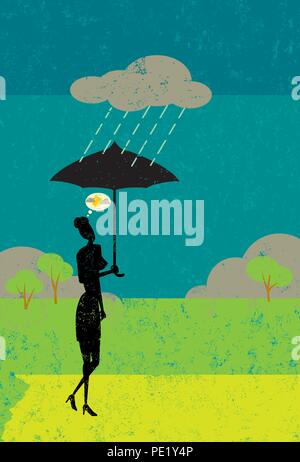 Positive Attitude. A woman holding an umbrella with a dark rain cloud over her head. Stock Vector