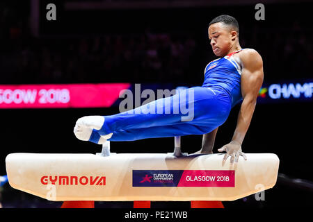 Glasgow, UK, 11 Aug 2018. Glasgow, UK, 11 Aug 2018. FRASER Joe (GBR) competes on the Pommel Horse in Men's Artistic Gymnastics Team Finals during the European Championships Glasgow 2018 at The SSE Hydro on Saturday, 11  August 2018. GLASGOW SCOTLAND. Credit: Taka G Wu