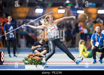 Berlin, Deutschland. 10th Aug, 2018. Winner Christin HUSSONG, Germany, 1st place action. Women's final javelin throw, on 10.08.2018 European Athletics Championships 2018 in Berlin/Germany from 06.08. - 12.08.2018. | usage worldwide Credit: dpa/Alamy Live News Stock Photo