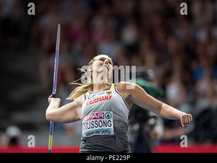 Berlin, Deutschland. 10th Aug, 2018. Winner Christin HUSSONG, Germany, 1st place action. Women's final javelin throw, on 10.08.2018 European Athletics Championships 2018 in Berlin/Germany from 06.08. - 12.08.2018. | usage worldwide Credit: dpa/Alamy Live News Stock Photo