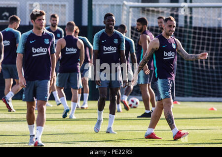 Ousmane Dembele from France joking with Paco Alcacer from Spain during the FC Barcelona training session before the Spanish Supercopa game against Sevilla FC in Tanger. At Ciutat Esportiva Joan Gamper, Barcelona on 11 of August of 2018. 11th Aug, 2018. Credit: AFP7/ZUMA Wire/Alamy Live News Stock Photo