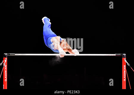 Scotland, UK. 11th August 2018. FRASER Joe (GBR) competes on the Horizontal Bar in Men's Artistic Gymnastics Team Finals during the European Championships Glasgow 2018 at The SSE Hydro on Saturday, 11  August 2018. GLASGOW SCOTLAND. Credit: Taka G Wu Credit: Taka Wu/Alamy Live News Stock Photo