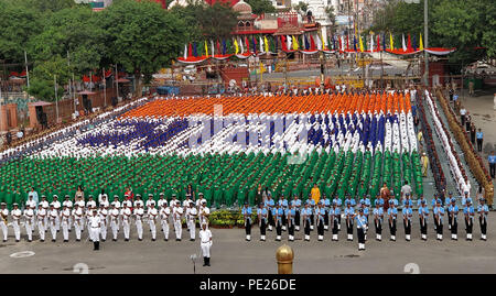 New Delhi, India. 12th August 2018. New Delhi, Independence Day is annually celebrated on Aug. 15. 15th Aug, 1947. Indian Navy and Indian Air Force contingents take part in the first full dress rehearsal for the Independence Day Celebrations - 2018 at Red Fort, in New Delhi, India, Aug. 11, 2018. Independence Day is annually celebrated on Aug. 15, as a national holiday in India commemorating the nation's independence from the United Kingdom on Aug. 15, 1947. Credit: Stinger/Xinhua/Alamy Live News Stock Photo