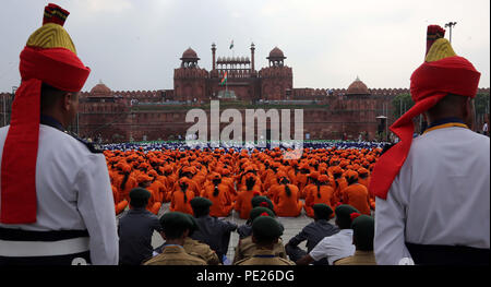 New Delhi, India. 12th August 2018. New Delhi, Independence Day is annually celebrated on Aug. 15. 15th Aug, 1947. Indian Navy and Indian Air Force contingents take part in the first full dress rehearsal for the Independence Day Celebrations - 2018 at Red Fort, in New Delhi, India, Aug. 11, 2018. Independence Day is annually celebrated on Aug. 15, as a national holiday in India commemorating the nation's independence from the United Kingdom on Aug. 15, 1947. Credit: Stinger/Xinhua/Alamy Live News Stock Photo