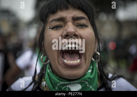 Lima, Peru. 11th Aug, 2018. A demonstrator shout slogan during a Ni Una Menos (Not One Less) rally in protest of gender based violence in Lima. Ni Una Menos (Not One Less) demands that women should be protected from violent deaths at the hands of men in Peru. Credit: Guillermo Gutierrez/SOPA Images/ZUMA Wire/Alamy Live News Stock Photo