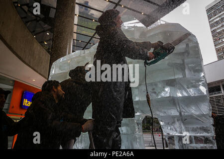 São Paulo, Brazil. 12th Aug, 2018. A huge elephant-shaped ice sculpture nearly 3 meters high and 6 tons melting outdoors is seen in Paulista avenue in Sao Paulo on August 12, 2018. It is an action to draw attention to the day of the elephant, the idea of ''‹''‹the cold intervention is to warn about the risk of extinction of the species. Credit: Dario Oliveira/ZUMA Wire/Alamy Live News Stock Photo