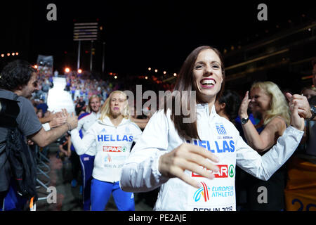 Berlin, Germany. 10th Aug, 2018. Katerina Stefanidi (Greece) greets fans in the medal plaza during the medal ceremony for Women's Pole Vault at the European Athletics Championships in Berlin. Credit: Ben Booth/SOPA Images/ZUMA Wire/Alamy Live News Stock Photo