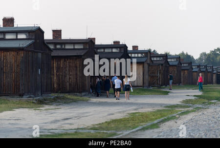 Oswiecim, Poland. 09th Aug, 2018. Visitors pass wooden barracks in the former Auschwitz-Birkenau extermination camp. From 1940 to 1945, the SS operated the Auschwitz complex with numerous subcamps as extermination and concentration camps. Credit: Monika Skolimowska/dpa-Zentralbild/dpa/Alamy Live News Stock Photo