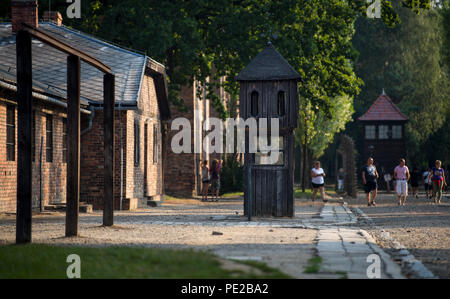 Oswiecim, Poland. 09th Aug, 2018. View of brick barracks and watchtowers in the former Auschwitz extermination camp. From 1940 to 1945, the SS operated the Auschwitz complex with numerous subcamps as extermination and concentration camps. Credit: Monika Skolimowska/dpa-Zentralbild/dpa/Alamy Live News Stock Photo
