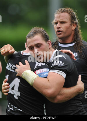 Shay Stadium, Halifax, UK. 12th August 2018. Rugby League Super 8's The Qualifiers Rugby League between Halifax and Toronto Wolfpack; Toronto try Scorers Andrew Ackers and Andrew Dixon embrace after Dixon's late try.   Dean Williams Credit: Dean Williams/Alamy Live News Stock Photo