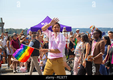 Downtown Vancouver, British Columbia, Canada - August 5, 2018: Canadian Prime Minister Justin Trudeau is celebrating Gay Pride Parade. Stock Photo