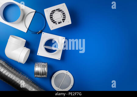 home ventilation system items on blue background with copy space. top view Stock Photo