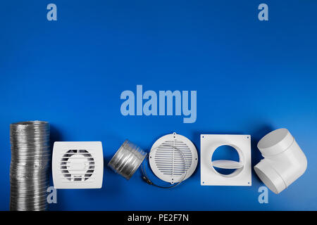 ventilation system equipment on blue background with copy space. top view Stock Photo