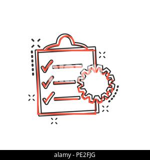 Vector cartoon document icon in comic style. Project management sign illustration pictogram. To do list with gear business splash effect concept. Stock Vector