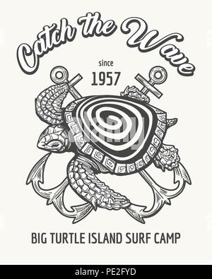 Sea Turtle and Crossed Anchors with wording Catch the Wave. Surfing camp or school emblem drawn in retro style. Vector illustration. Stock Vector
