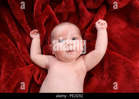 3 week old baby boy on red blanket Stock Photo