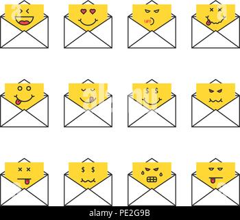 set of thin line emoji messages letters Stock Vector