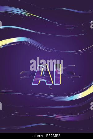 Artificial Intelligence vertical banner. AI letters on darl background with shine lines. Vector illustration. Stock Vector