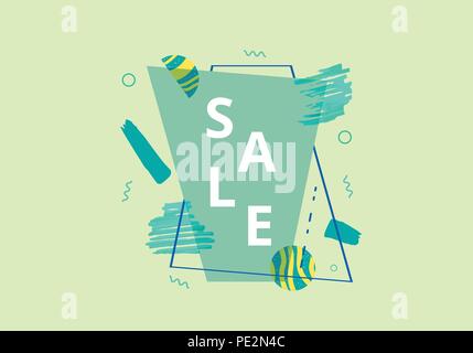 Sale banner with geometric abstract composition. Dark promotion card with text. Green horizontal poster for advertising design. Vector illustration. Stock Vector