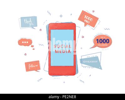 Social media set of  banners with lettering isolated on white background. Phone and speech bubble shapes. Thank you, 1K followers, Follow me, 1000 lik Stock Vector