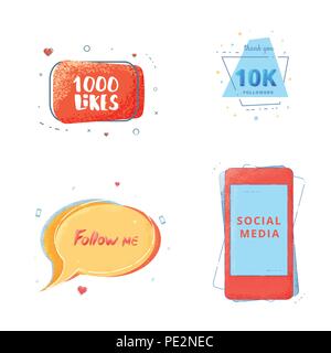 Social media set of  banners with lettering isolated on white background. 10K followers, Follow me, 1000 likes text. Elements for public channels desi Stock Vector