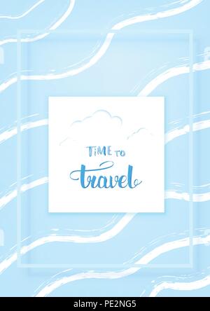 Time to travel banner. Vertical composition with frame, square badge and handwritten lettering. Promo card with paper cut style shapes. Template for h Stock Vector