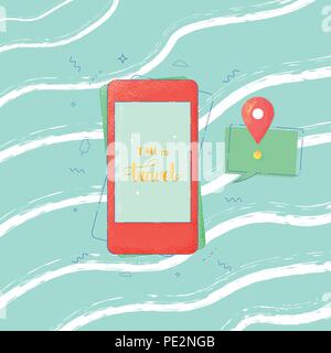 Time to travel banner with phone, speech bubble. Decorative water background with map pointer and handwritten lettering. Square card for social media. Stock Vector
