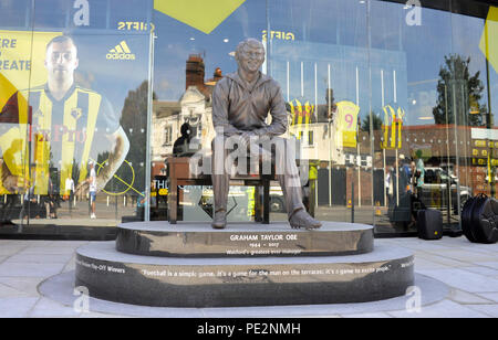 The new Graham Taylor statue by sculpture Douglas Jennings outside the club shop the Premier League match between Watford and Brighton and Hove Albion at Vicarage Road stadium. 11 August 2018   Editorial use only. No merchandising. For Football images FA and Premier League restrictions apply inc. no internet/mobile usage without FAPL license - for details contact Football Dataco Stock Photo