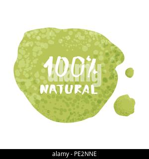 100% Natural banner with text and  abstract shapes. Handwritten lettering. Element for graphic design - emblem, poster, flyer, tag, menu. Vector illus Stock Vector