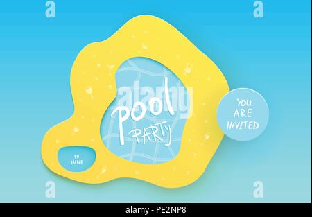 Pool Party horizontal flyer. Paper cut effect banner.  Template for summer holiday design. Vector illustration. Stock Vector