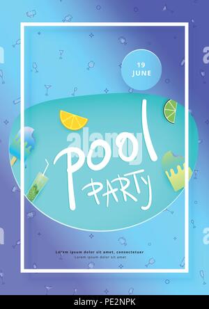 Pool party vertical flyer. Template for holiday design. Banner for event invitation with frame, paper cut pool shape and decorative items. Social medi Stock Vector