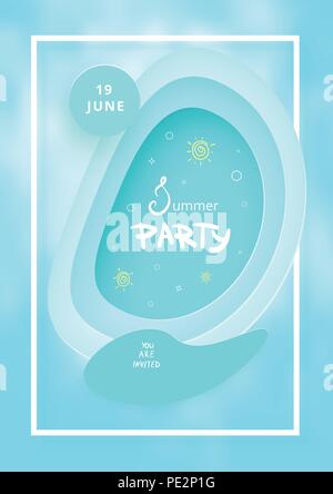 Summer Party blue flyer.  Paper cut effect. Vertical  template for summer holiday design. Vector illustration. Stock Vector