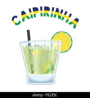 Brazil Cocktail Caipirinha With Black Drinking Straw. All the objects are in different layers and the text types do not need any font. Stock Vector