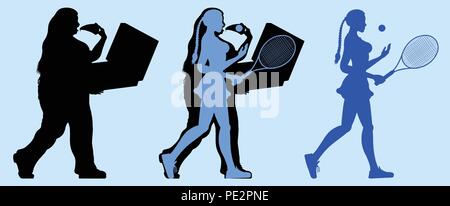 Fat woman playing tennis and losing weight, All the objects are in different layers. Stock Vector