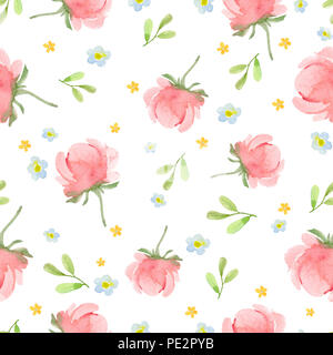Seamless pattern with a pink peony, blue and orange flowers and green leaves on a white background. Painted with watercolor Stock Photo