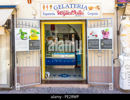 Street view of gelateria exterior, traditional Italian ice cream shop in Alghero, Sardinia, Italy. Stock Photo