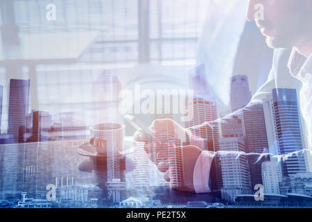 mobile phone double exposure, close up of hands using app on smartphone, online communication and banking concept Stock Photo
