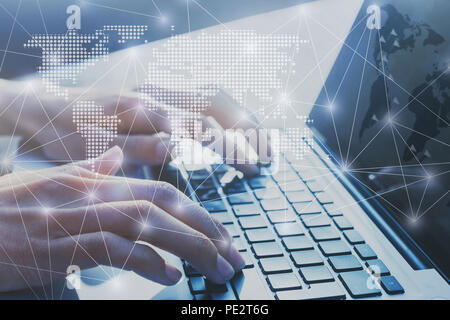 international business network worldwide, digital marketing and e-commerce, global communication background, hands typing on computer keyboard, blockc Stock Photo