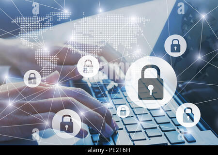 information security, secured network internet connection concept, data transfer encrypted with password, cybersecurity background with hands typing o Stock Photo