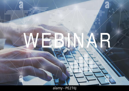 webinar concept, education online worldwide, hands typing on computer Stock Photo