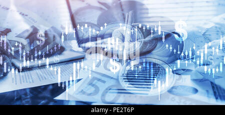 money and finance, financial business analytics intelligence, dollars and candlestick charts Stock Photo