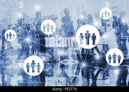 HR, human resources concept diagram double exposure, scheme of virtual network with people, online community, society Stock Photo