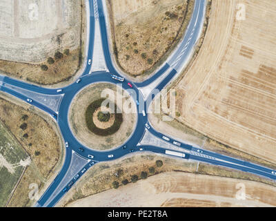 roundabout aerial top view, traffic circle with road circular intersection or junction Stock Photo