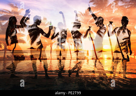 beach party double exposure, group of young people dancing, friends drinking beer and cocktails at sunset Stock Photo