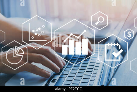 business intelligence BI concept, financial charts to analyze profit and finance performance of company, hands typing on computer on background Stock Photo